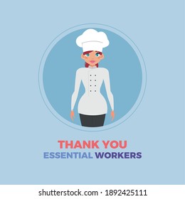 Chef Woman Blue Thanks Essential Workers Logo - Vector