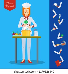 Chef woman character with kitchenware and food. Flat cartoon illustration. Objects isolated on a blue background.