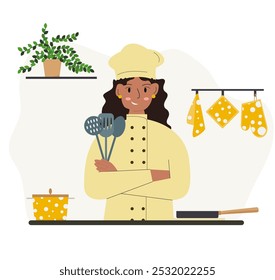 Chef  Woman cook preparing food. Culinary art, refined cuisine concept. Flat vector