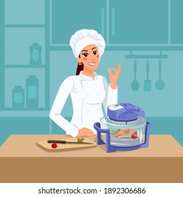 Chef Woman Is A Cooking Steak Salmon On The Air Fryer Grill. Isolated Vector Illustration. Kitchen, Crockery, Knives. Female Cook In Uniform  Cooking Food Industry Concept Restaurant Kitchen Interior.