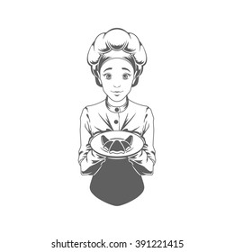 Chef Woman Giving Food Logo Vector Illustration. Chef Silhouette Isolated On White Background. Vector object for Labels and Badges, Logos Design. Restaurant Logo, Chef Logo, Hat Symbol.