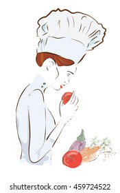 Chef woman with a hat. Illustration Set of a Cook with Carrots, Tomatoes and Eggplants