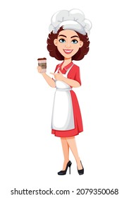 Chef woman having a coffee break. Cook lady in professional uniform