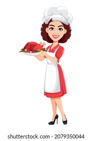 Chef woman holding fried turkey. Cook lady in professional uniform. Cute cartoon character