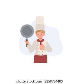 chef woman holding pan is doing thumb up gesture. Flat vector illustration