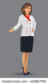 Chef woman illustration, cartoon figure of woman chef presented a menu and food, design elements for your brochure, banner and web.