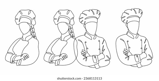 Chef. A woman and a man. Cook in uniform. International Chefs Day. One line drawing for different uses. Vector illustration.