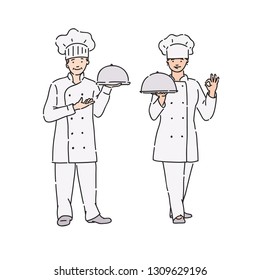 Chef woman and man in professional uniform with dish in hand. Vector illustration in line art style on white background.
