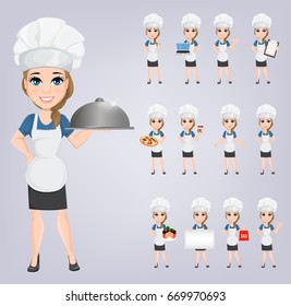 Chef woman set. Cute cartoon character cook. Vector illustration. EPS10