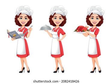 Chef woman, set of three poses. Cook lady in professional uniform.