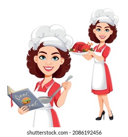 Chef woman, set of two poses. Cook lady in professional uniform. Cute cartoon character