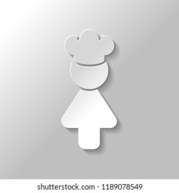 Chef woman simple silhouette. Kitchen icon. Paper style with shadow on gray background