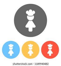 Chef woman simple silhouette. Kitchen icon. Set of white icons on colored circles