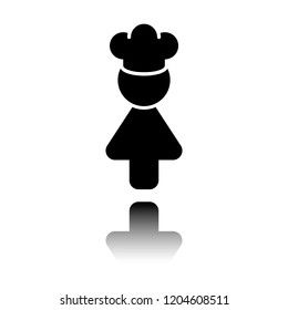 Chef woman simple silhouette. Kitchen icon. Black icon with mirror reflection on white background