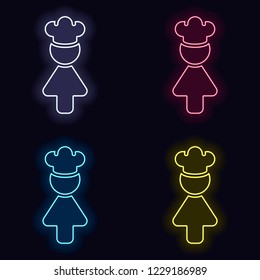 Chef woman simple silhouette. Kitchen icon. Set of neon sign. Casino style on dark background. 