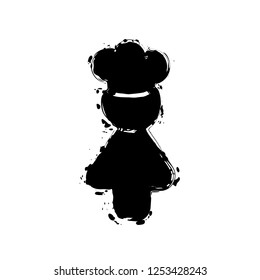 Chef woman simple silhouette. Kitchen icon. Black ink with splashes on white background