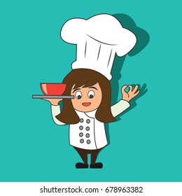 chef woman with the toque holding a bowl ready to serve. cartoon character. vector illustration