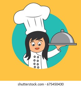 chef woman with the toque holding cloche platter ready to serve. cartoon character. vector illustration