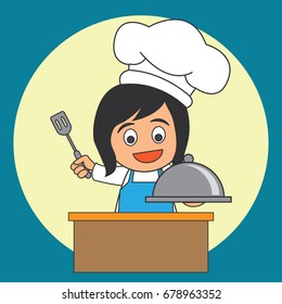 chef woman with the toque holding cloche platter ready to cook. cartoon character. vector illustration
