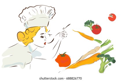 Chef Woman with Vegetables, Toamtoes, Broccoli , Carrots