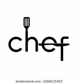 Diseño de palabras del chef con ilustración de la parrilla en la letra H, cuchillo en las letras E y F.