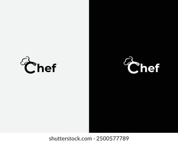 Diseño de logotipo de marca de palabras de chef con un sombrero de chef y color negro. Diseño de logotipo de cocina. Diseño de logotipo de chef con un texto.