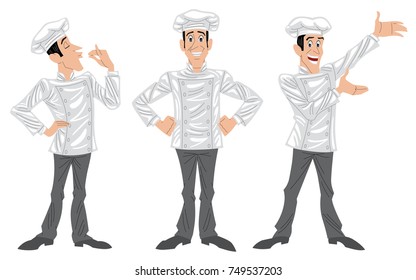 Chef, with a work uniform, in a friendly attitude, in three different poses.