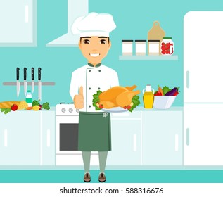 Chef in a working form, holding the finished dish in hand. Products on the table. Vegetables and fruits. Man showing thumb up.