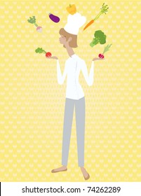 A chef working hard juggling some vegetables.