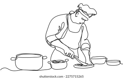 The chef is working on creating dishes in one line on a white background. Stock vector illustration of professional food preparation. The concept of haute cuisine.