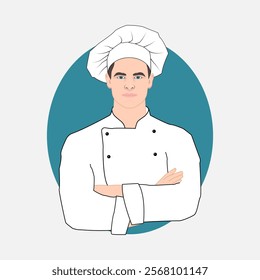 Chef in working uniform standing with crossed arms. Chef in cook hat. Cooking, food, restaurant logo design concept. Vector illustration.