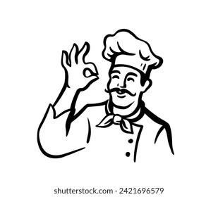 Chef in working uniform. Whiskered with okay delicious hand sign