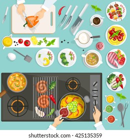 Chef workplace top view with dishes and utensils cooker surface grill vector illustration 