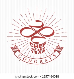 Chef of the Year 2020 Chef or Cook Hat Shape Numerals Logo and Lettering Composition with Zeroes Making Mobius Loop and Congrats Ribbon - Red on White Background - Vector Mixed Graphic Design