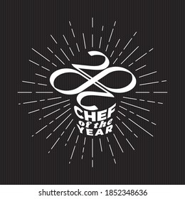 Chef del año 2020 Grabación de logotipos numéricos con ceros haciendo bucle Mobius compuesto como forma de sombrero de chef o de cocinero - blanco sobre fondo negro - Diseño gráfico mixto vectorial