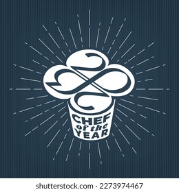 Chef of the Year 2023 Cook or Chef Hat Shape Inverted Sign and Numerals Logo Lettering with Zeroes Making Mobius Loop - White on Dark Blue Background - Vector Mixed Graphic Design