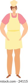 Chef con delantal amarillo y sombrero de pie confiado. Caricatura cocinada en uniforme lista para el trabajo de cocina.