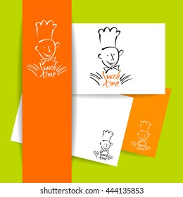 CHEF-COOK with handwritten lettering LUNCH TIME. Hand drawing chef-cook, handmade text lunch-time.Concept identity design for restaurant, cafe, chief-cooker, chef, lunch time.Vector Illustration. 