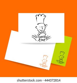 CHEF-COOK with handwritten lettering LUNCH TIME. Hand drawing chef-cook, handmade text lunch-time.Concept card design for restaurant, cafe, chief-cooker, chef, lunch time.Vector Illustration. 
