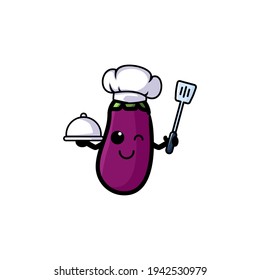 Cheff Eggplant Cartoon Vector Illustration Mascot. Cute, Outline, And Funny Style Design. Recomended For Vegetable Logo Shop.