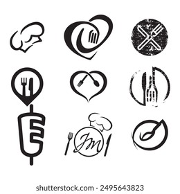 Vector de logotipo de utensilios y alimentos de cheff en blanco y negro