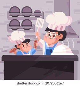 Cheff With White And Blue Costume Is Teaching To His Student How To Cooking With His Recipe In Kitchen Cartoon Flat Color Style Isolated Background Vector Illustration