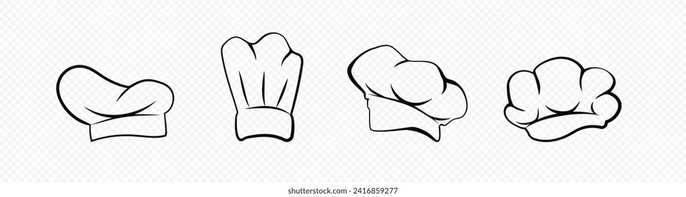 Chefs bakery hats set. Culinary chef headwear for food preparation and cooking with professional folds and trendy vector gourmet design