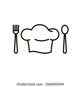 Chef's Cap icon. Next fork and spoon. Kitchen simple black icon.