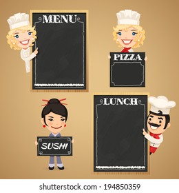 Chefs Cartoon Characters With Chalkboard Menu. 