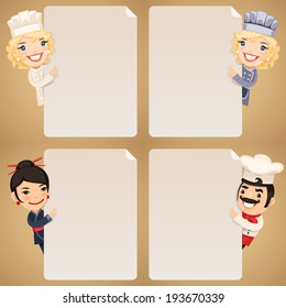 Chefs Cartoon Characters Looking at Blank Poster Set. In the EPS file, each element is grouped separately.