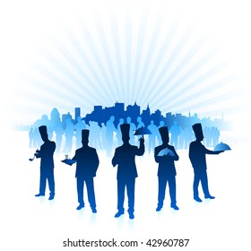 Chefs with city and people background Original Vector Illustration
