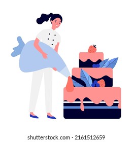 Chefs cooking big birthday cake. Bakers decorating dessert with pink glaze and berries. Vector illustration for menu, bakery concept