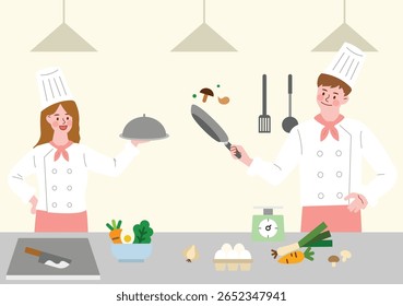 Chefs Cozinhar em uma cozinha, Segurando alimentos e fritando legumes
