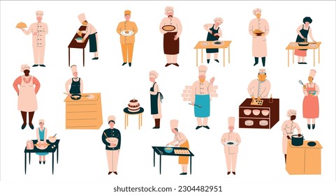 Chefs cooking in restaurant kitchen set. Professional cooks preparing food and baking tasty desserts cartoon vector illustration